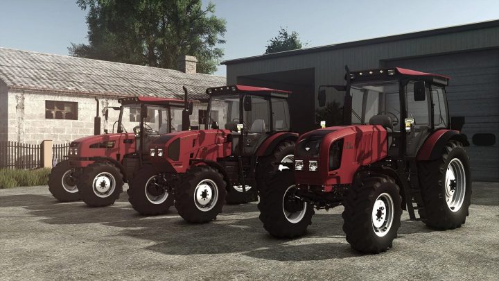 fs25-mods,  Three red MTZ 1523 tractors from Farming Simulator 25 mods parked outdoors in front of buildings.