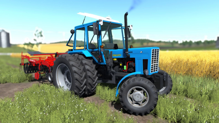 fs25-mods, Farming Simulator 25 mod: blue MTZ 82 UK tractor with red cultivator on a farm field, in a rural landscape.