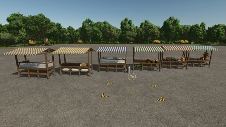 fs25-mods, Farming Simulator 25 mod showcasing market stalls with striped canopies, selling various farm products in FS25.