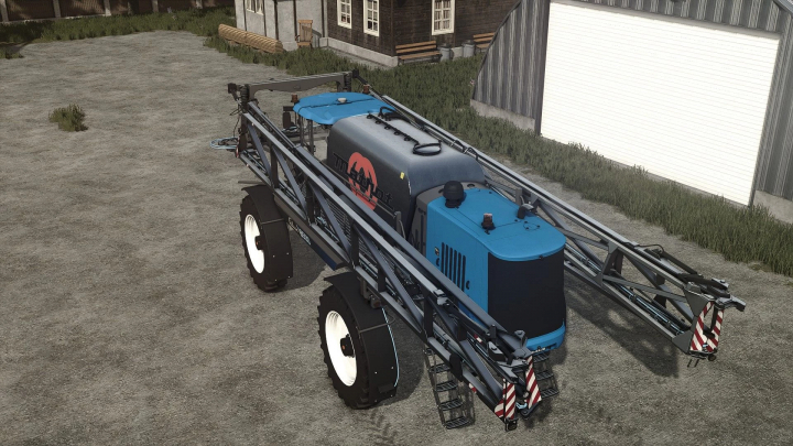 fs25-mods,  Farming Simulator 25 mod: Matrot Falcon 8500 agricultural sprayer with blue and gray design, large tires, and extendable boom arm.