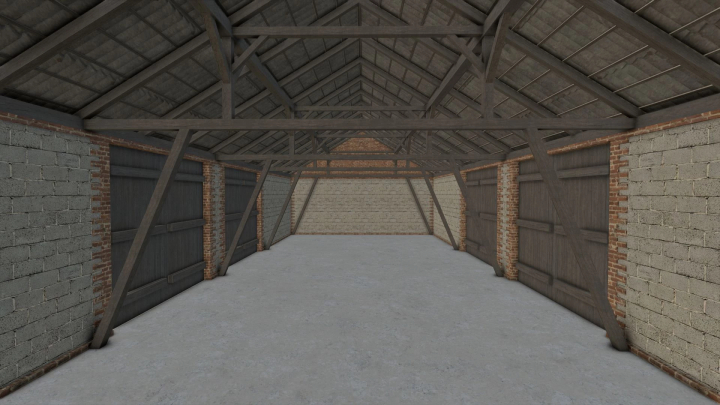 fs25-mods,  Inside view of the Medium Polish Barn mod in Farming Simulator 25, featuring brick and wood walls with a high wooden roof.