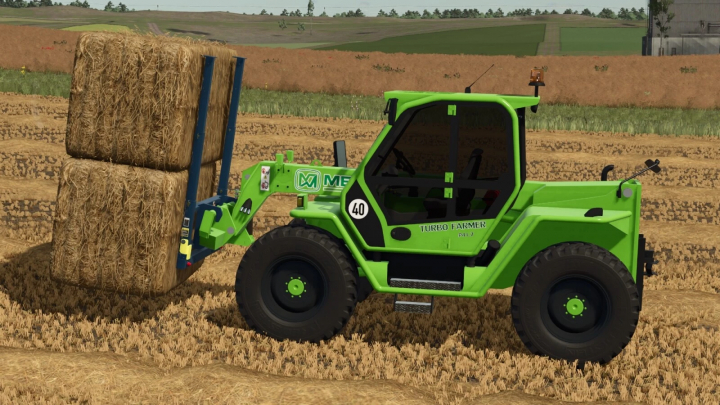 fs25-mods, Farming Simulator 25 mod: Green Merlo P41.7 Turbofarmer loader lifting a hay bale in a field.