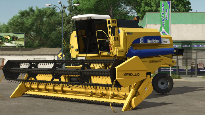 fs25-mods, Farming Simulator 25 mod: New Holland TC 57 hydro plus harvester with yellow and black design, displayed outdoors near a tractor dealership.