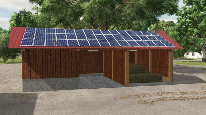 fs25-mods,  Farming Simulator 25 mod: Open Hall Set v1.0.0.0 with solar panels on the roof for sustainable farming.