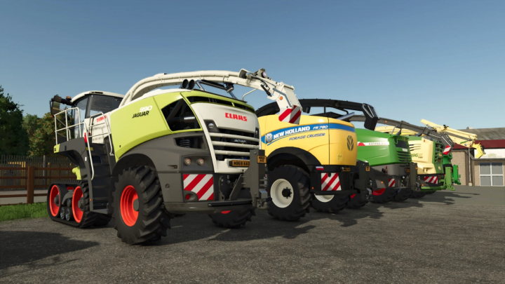 fs25-mods, Farming Simulator 25 mods: lineup of forage harvesters with Pickup Hitch For Foragers v1.0.0.0 mod, detailed agricultural vehicles, realistic textures.