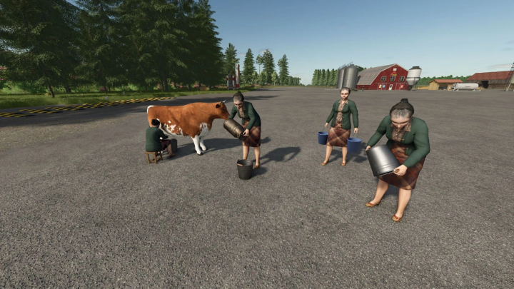 fs25-mods,  Farming Simulator 25 mod: Placeable Granny Pack v1.0.0.0 with farm women milking cows and carrying buckets outdoors.