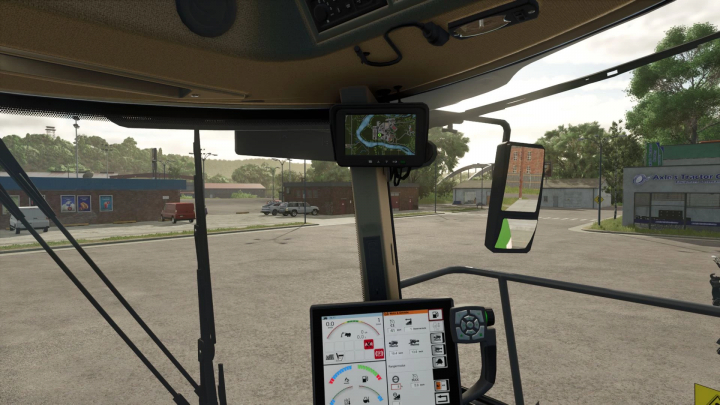 fs25-mods,  Inside view of a tractor cab in Farming Simulator 25, showcasing a GPS mod interface for precise farming with RealGPS v0.9.5.2 BETA.