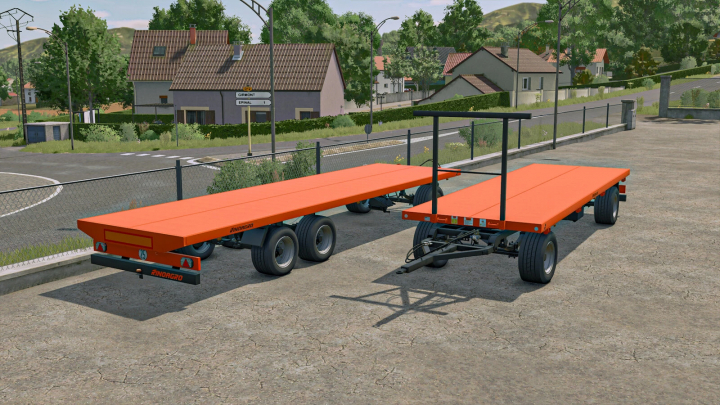 fs25-mods, Farming Simulator 25 mods: Rinoagro Platforms Pack v1.0.0.0 trailers for transporting goods, shown on an outdoor farm setting.