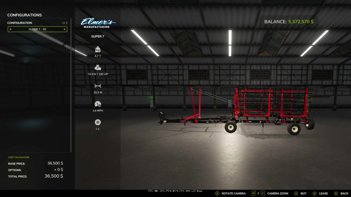 fs25-mods,  Farming Simulator 25 mod featuring the S7 Harrow v1.0.0.0 in a warehouse, displaying configuration details and high balance.