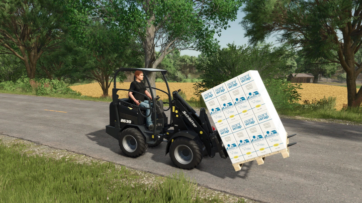 fs25-mods, Farming Simulator 25 mod: Schäffer 2630 loader with crate of Rani Wrap on a rural road.