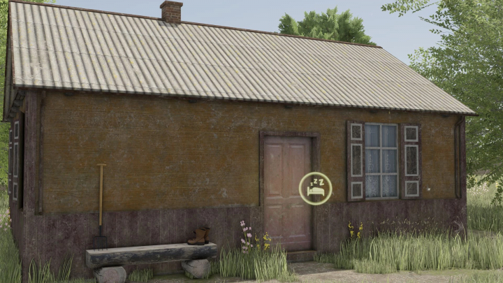 fs25-mods,  Small wooden house with a rusty sloped roof, open window shutters, and a sleeping icon indicating it is associated with Farming Simulator 25 mods.