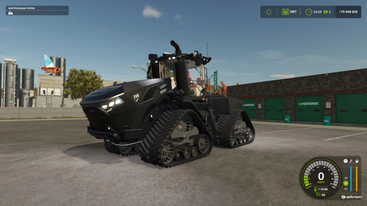 fs25-mods,  Farming Simulator 25 mod featuring the black Case IH Steiger 715 Quadtrac tractor with tracked wheels in a parking lot.