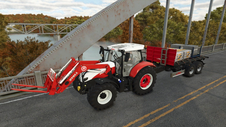 fs25-mods, Farming Simulator 25 mod: Steyr Profi CVT v1.0.0.0 tractor with front loader and trailer carrying construction materials on a bridge.
