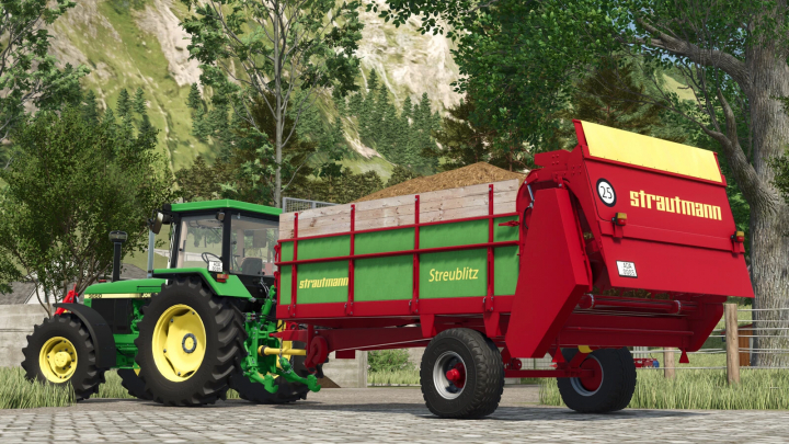 fs25-mods, Farming Simulator 25 mod: Strautmann Streublitz BE 5 forage harvester attached to a green John Deere tractor in a rural farm setting.