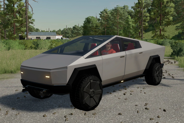 fs22-mods,  Farming Simulator 22 mod: Tesla Cyber Truck with snow plow, futuristic electric pickup for snow removal.
