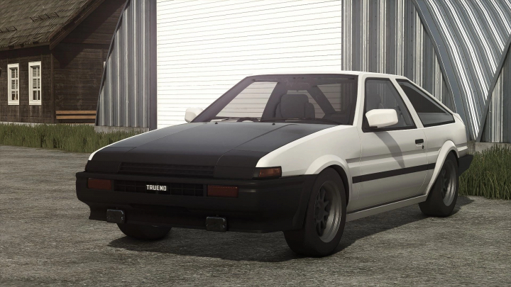 fs25-mods,  Farming Simulator 25 mod: Toyota AE86 Trueno in-game vehicle with black hood and white body, parked on a farm with a barn and greenhouse background.