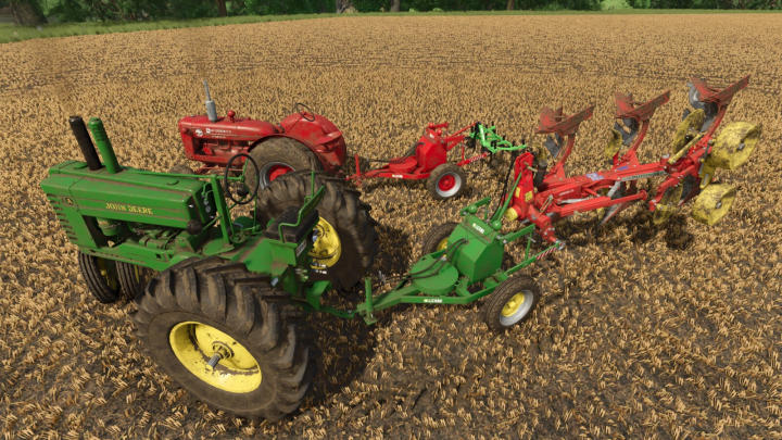 fs25-mods, Farming Simulator 25 mod showcasing a green John Deere tractor attached to a red Trailed Lifter implement on a harvested field.