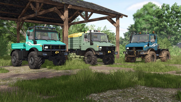 fs25-mods,  Three Mercedes-Benz Unimog trucks parked under a wooden shelter in Farming Simulator 25 with mods.