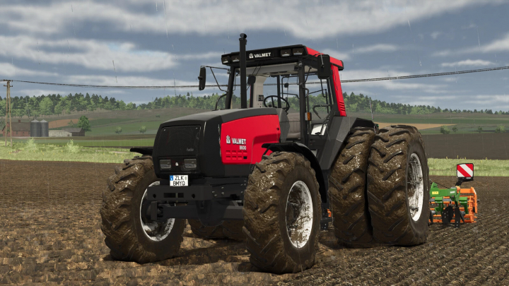fs25-mods,  Farming Simulator 25 mod: Valmet MEGA 8300-8800 Series in a muddy field with planting equipment, realistic weather conditions, and lush background.