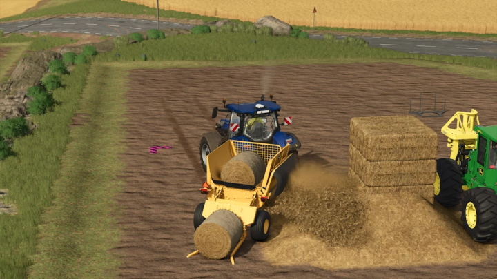 fs25-mods, Farming Simulator 25 mod showing a tractor with a Vermeer BPX 9010 Rust Edition bale wrapper handling hay bales.