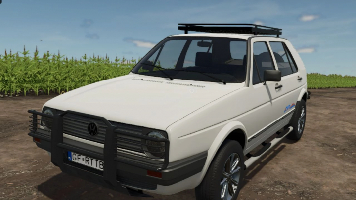 fs25-mods,  Volkswagen Golf II Country mod in Farming Simulator 25, with front bull bar and roof rack on a farm field.