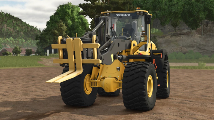 fs25-mods,  Farming Simulator 25 mod: Volvo Wheel Loader Tool Pack 1.1.0.0 showcased in a farm field with trees and mountains in the background.