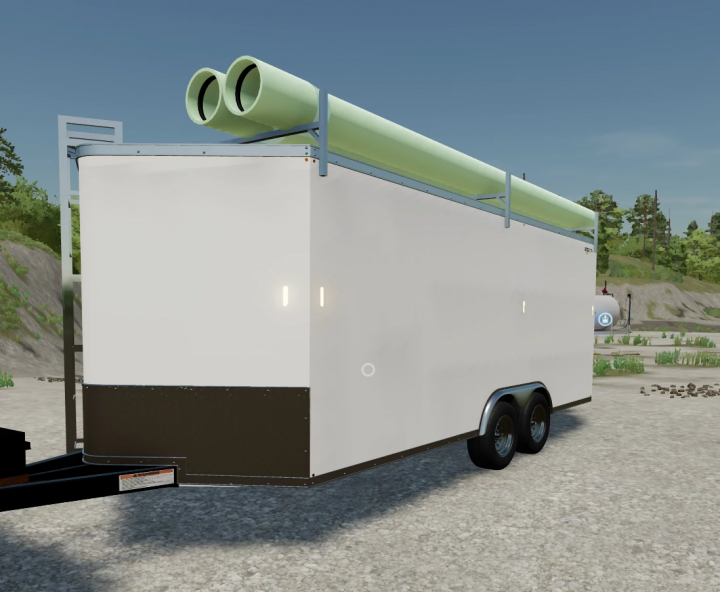 fs22-mods, Farming Simulator 22 mod: Work Trailer Edit v2.0.0.0, a white trailer with green pipes on top, designed for farming tasks.