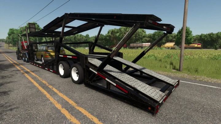 fs25-mods, Farming Simulator 25 mod featuring an XPS 8400 Car Carrier v1.0.0.0 transport trailer carrying a gold-colored vehicle on a rural road.