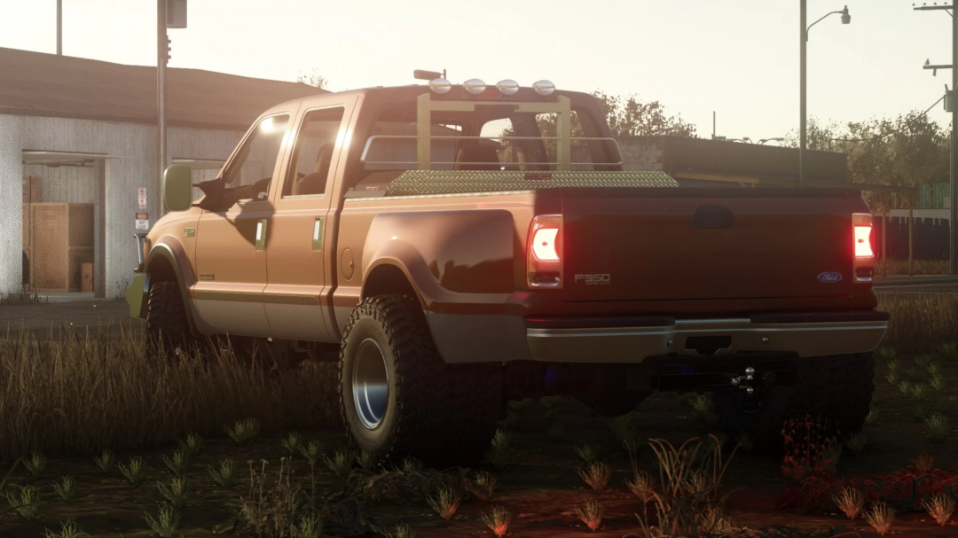 Farming Simulator 25 mod - 1999-2007 Ford F-350 pickup truck parked in a field during sunset, with a focus on realism and detail.