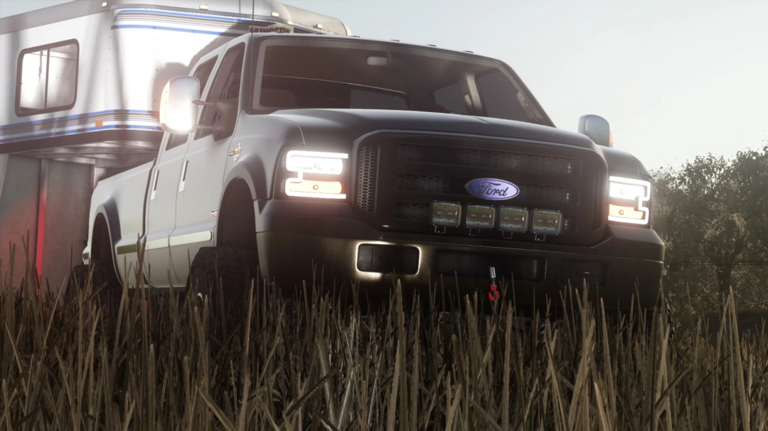 Farming Simulator 25 mod: 1999-2007 Ford F-350 pickup truck in a field with trailer, realistic graphics.