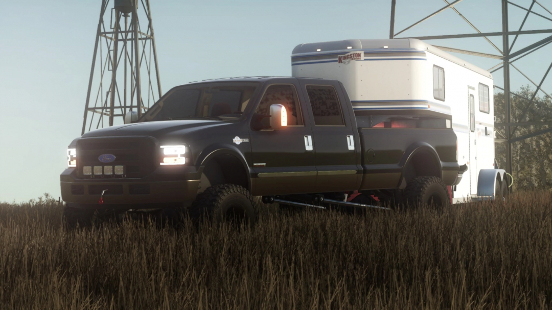 Farming Simulator 25 mods: Ford F-350 pickup truck with camper trailer, off-road tires, parked on a grassy field at sunset.