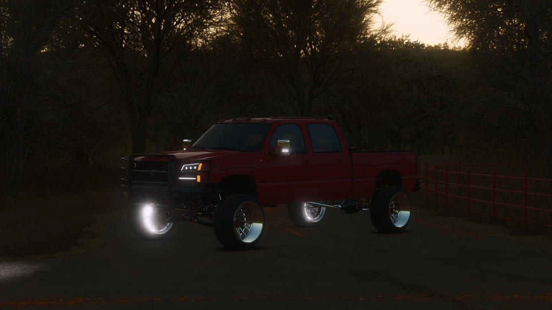Farming Simulator 25 mod: 2006 Chevy Cateye lifted truck with custom wheels and LED lights at sunset, part of FS25 mods collection.