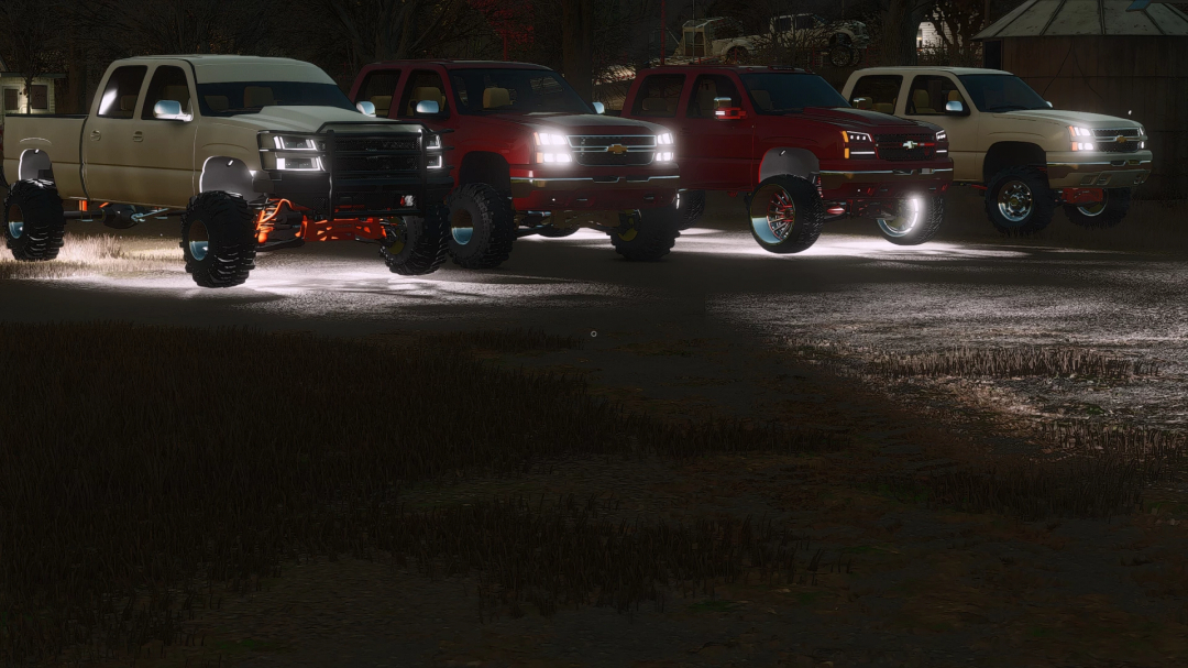 Farming Simulator 25 mods: Four Chevrolet trucks with custom mods, including a white, red, dark red, and beige vehicle, displayed at night.
