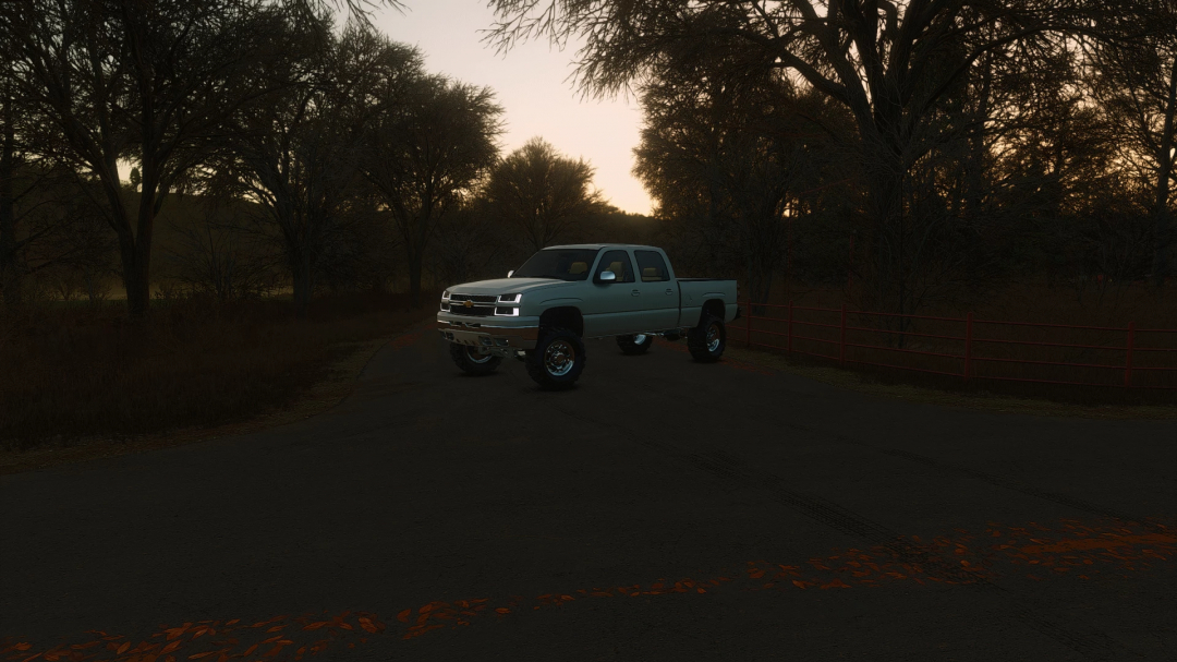Farming Simulator 25 mod: 2006 Chevy Cateye pickup truck parked on a rural road at sunset, with trees and a red fence in the background.
