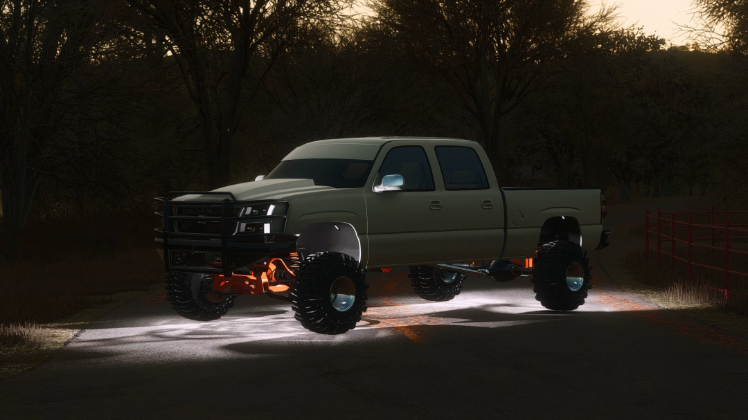 Modded off-road pickup truck in Farming Simulator 25, with lifted suspension, large tires, and custom front grille, showcased on a rural road at dusk.