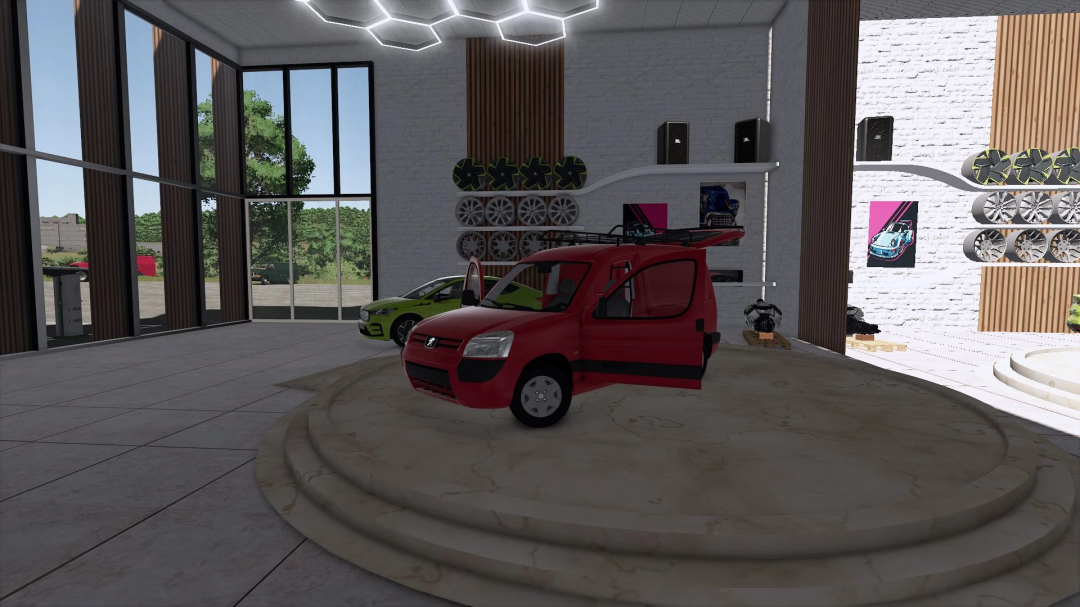 Interior view of a car dealership in Farming Simulator 25 with a red Peugeot Partner mod on display, surrounded by wheels and accessories.