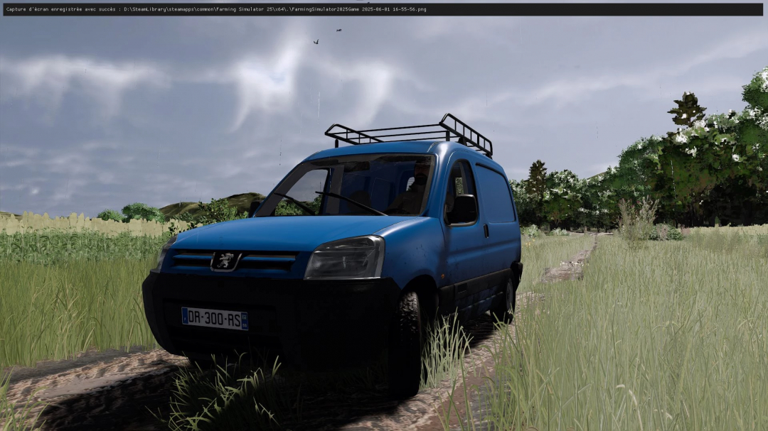 Farming Simulator 25 mod: Blue Peugeot Partner van on a rural field, used for farming tasks in FS25 mods.