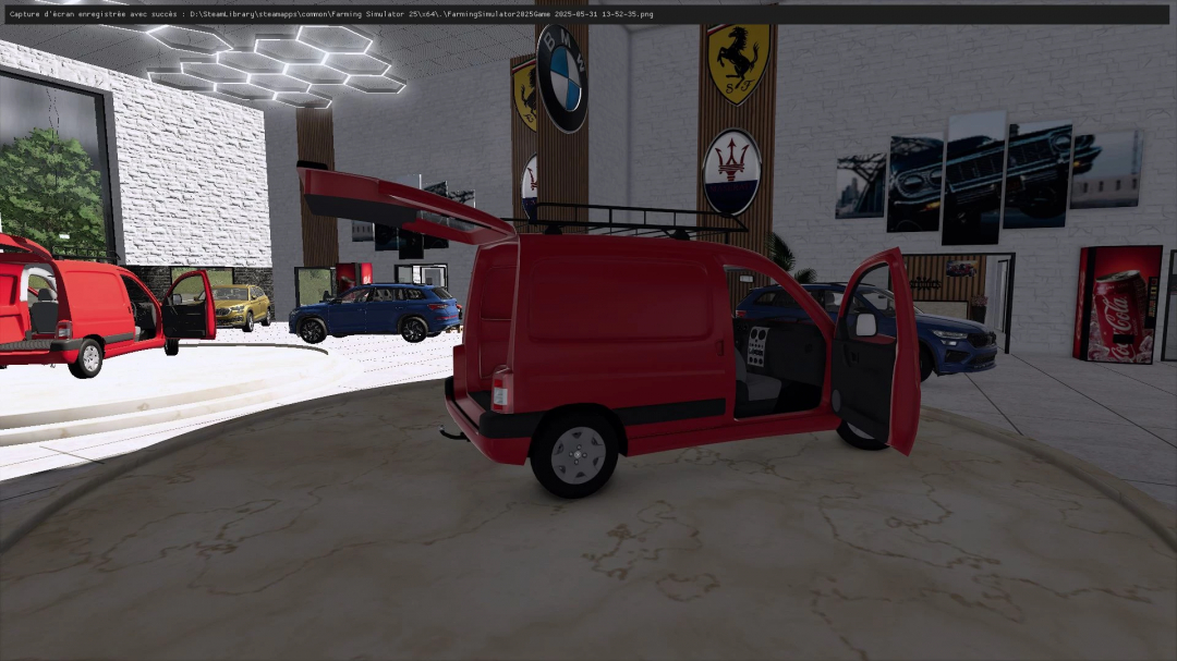 Farming Simulator 25 mods showcase with a red van, open doors, and cars in the background at a dealership.
