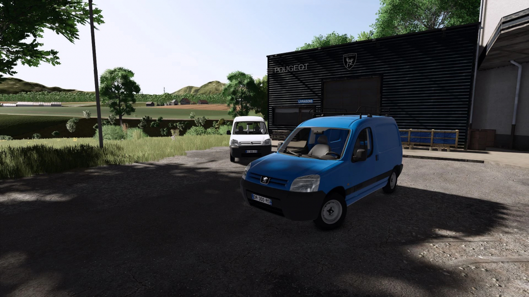 Farming Simulator 25 mod showcasing a blue Peugeot Partner van parked outside a dealership with a white van nearby.