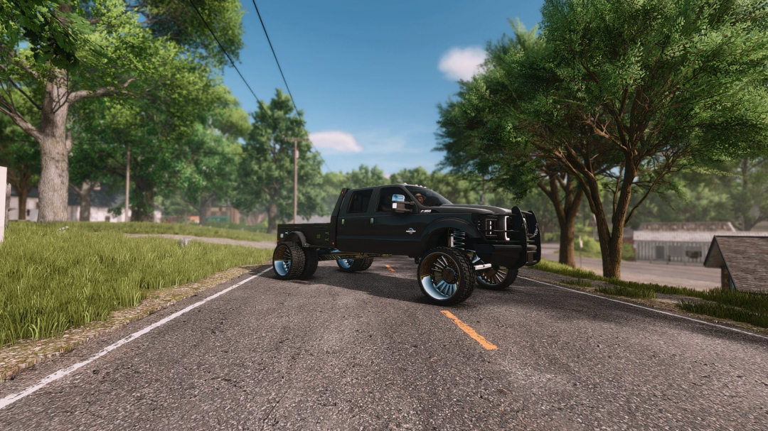 Farming Simulator 25 mod featuring a customized 2013 Ford F350 truck with large wheels on a rural road.