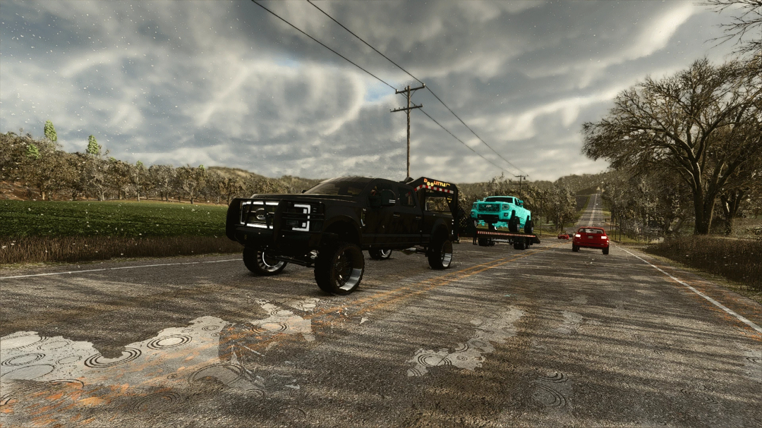 Farming Simulator 25 mods: Custom modified trucks and cars driving on a rural road under stormy clouds, showcasing FS25 mods.