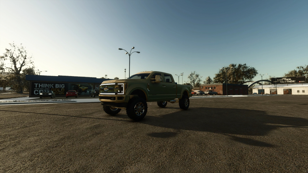 FS25 mod: Custom lifted green Ford King Ranch pickup truck in Farming Simulator 25 game scene.