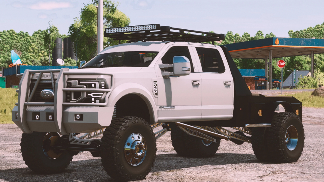 Farming Simulator 25 mod: 2020 Ford F450 Platinum with off-road tires, front bumper guard, roof rack, and customized details.