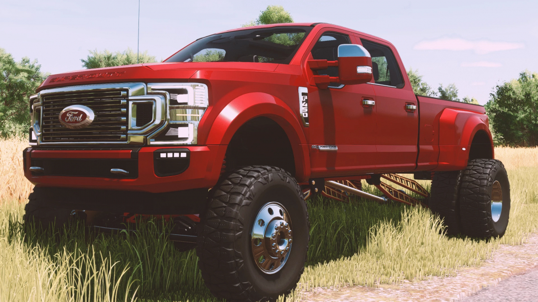 Farming Simulator 25 mod: 2020 Ford F450 Platinum truck with lifted suspension in a grassy field.