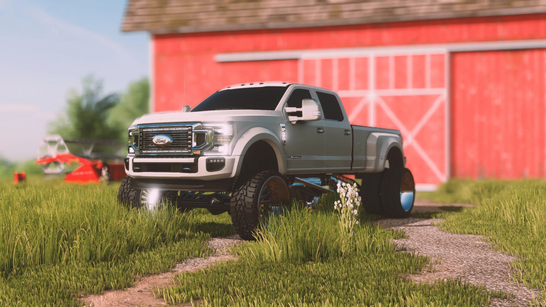 Farming Simulator 25 mod: 2020 Ford F450 Platinum truck with lifted suspension on a farm, detailed with realistic textures.