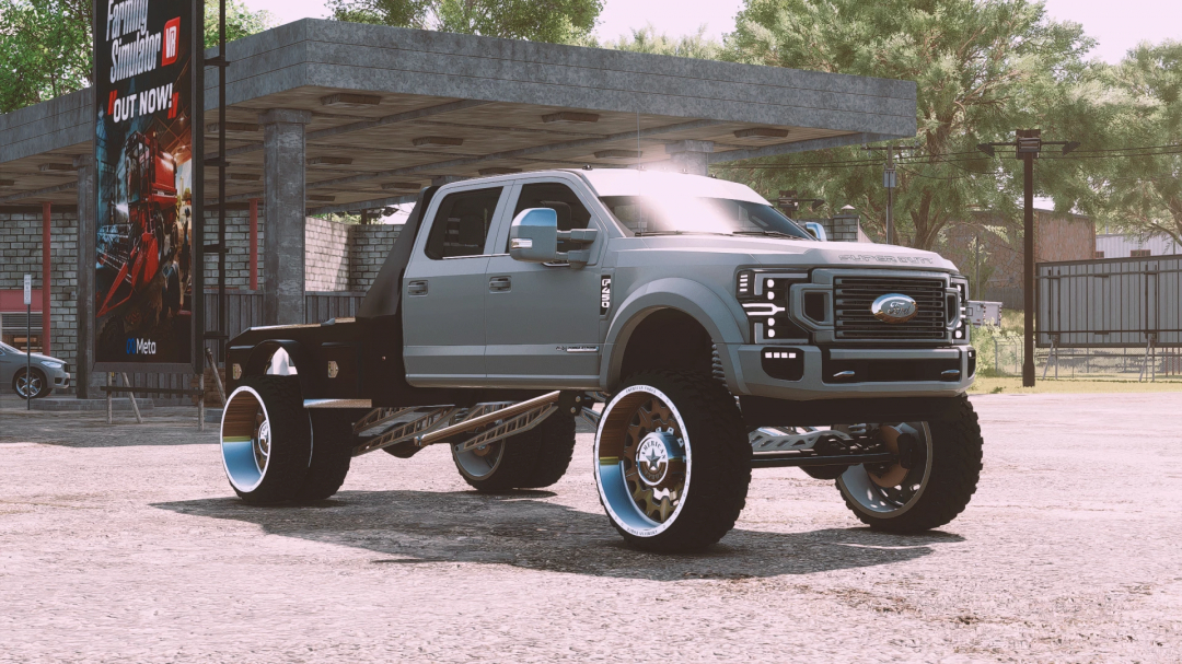 Farming Simulator 25 mod featuring a customized Ford F450 Platinum truck with unique wheels, in-game in a parking lot.