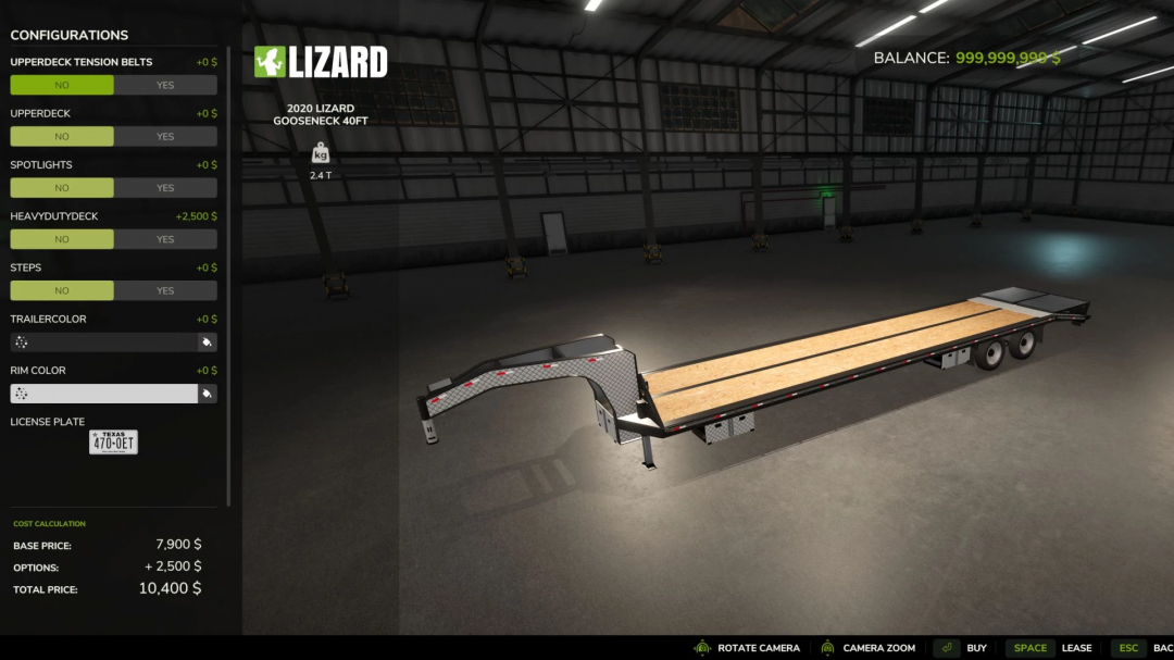 Farming Simulator 25 mods: 2020 Lizard Gooseneck flatbed trailer in the FS25 game, customizable with various options, showing in a virtual garage.