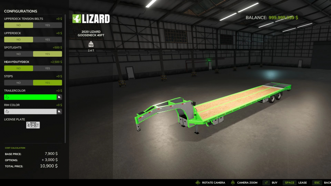 Farming Simulator 25 mod image showing the 2020 Lizard Gooseneck trailer in a virtual garage with customization options.