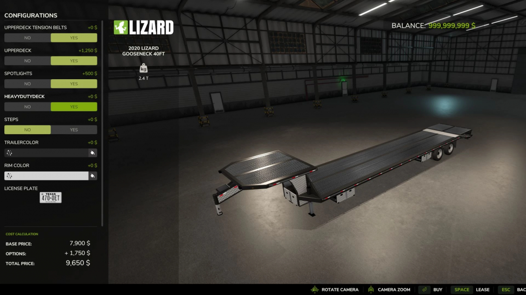 Farming Simulator 25 mod showcasing the 2020 Lizard Gooseneck trailer in a virtual garage setting, with customizable options and a high in-game currency balance.