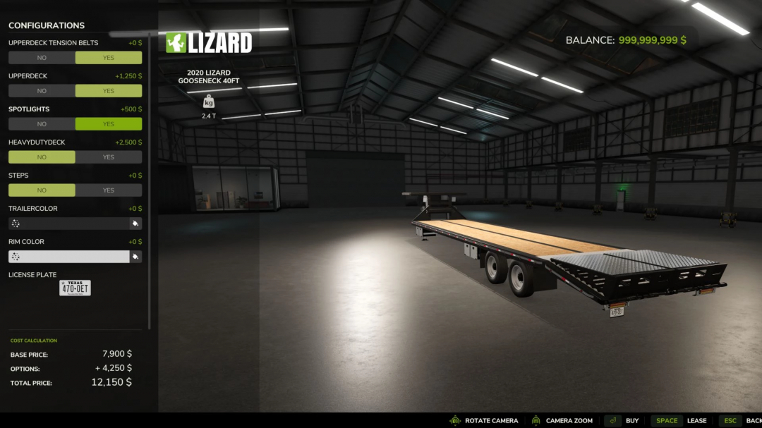 Farming Simulator 25 mod: 2020 Lizard Gooseneck flatbed trailer in a warehouse setting with customizable options.